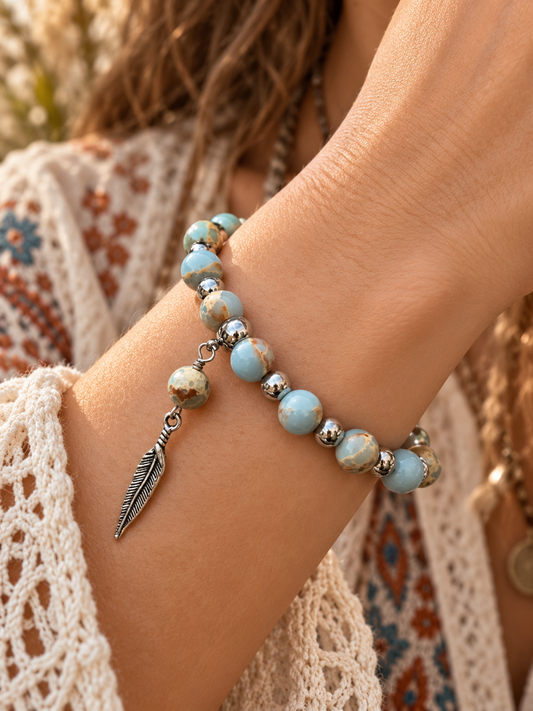 Sea Sediment Jasper, Feather Bracelet, Steel Gemstone Stretch Bracelet, 7 Inch