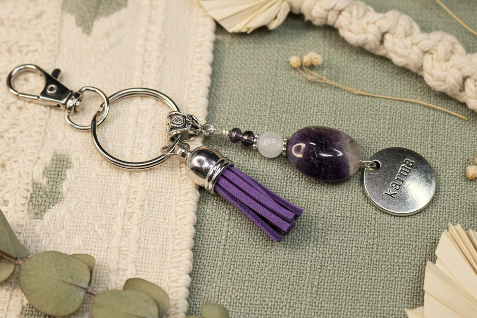 Keychain, Purse Charm, Gemstone Beaded Chain, Zipper Pull, Karma Amethyst, Moonstone, Purple Tassel