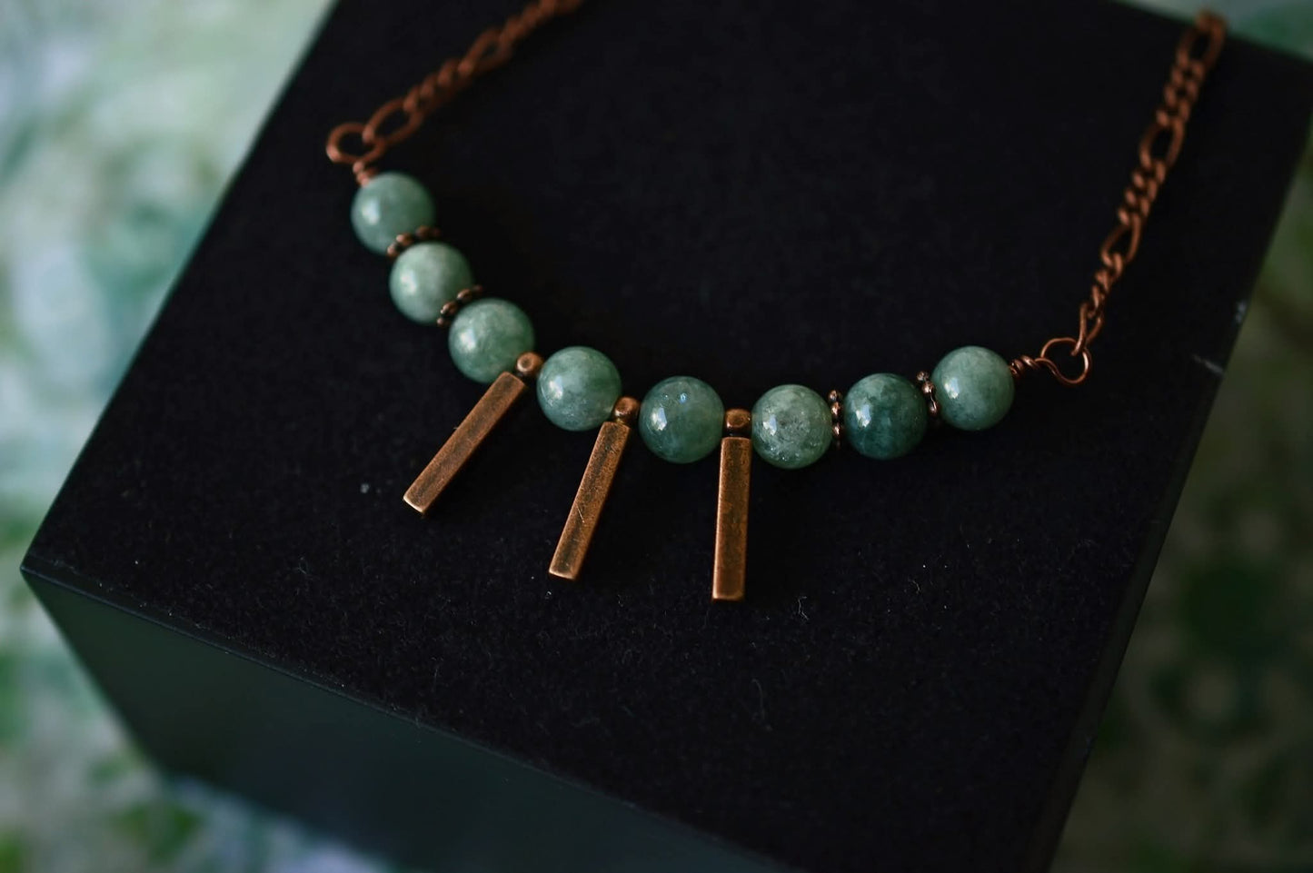 Burma Jade Bar Necklace, Copper Figaro Chain, Magnetic Clasp
