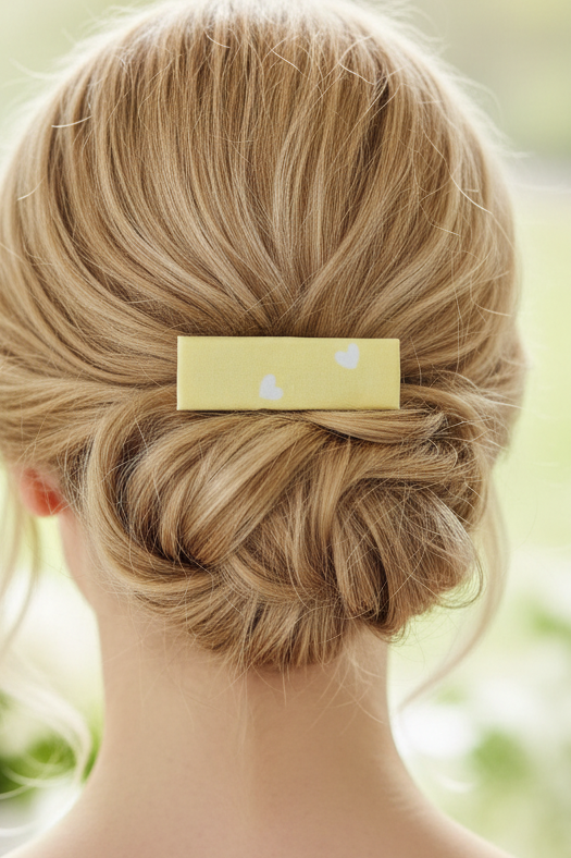 Yellow Hearts Boho French Hair Clip, Fabric Clip, 3.25 Inch, Rectangle, Leather Lined Barrette - Harmonyandsage