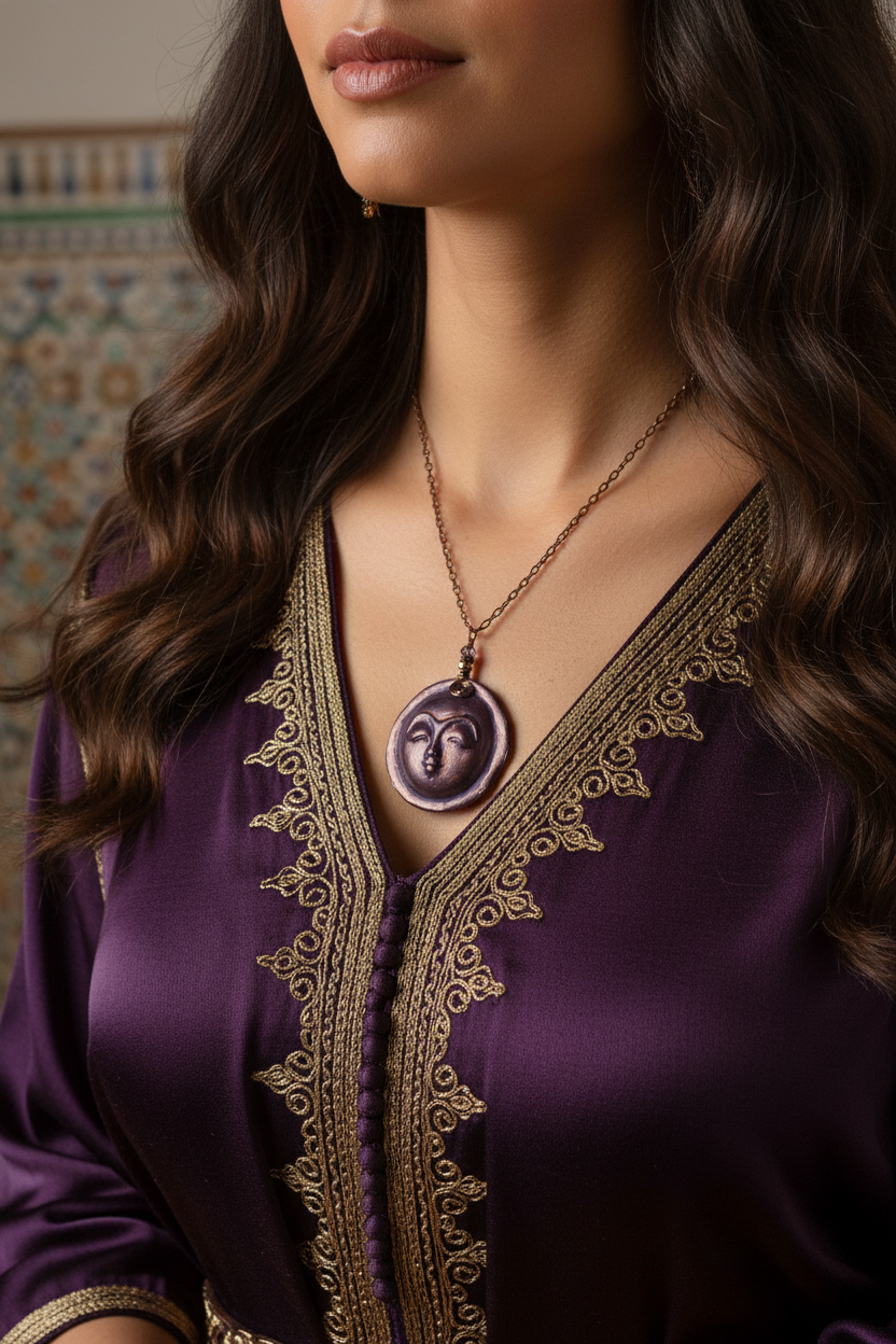 Polymer Clay Moon Goddess Copper Necklace, Bohemian Style Jewelry,  Handmade