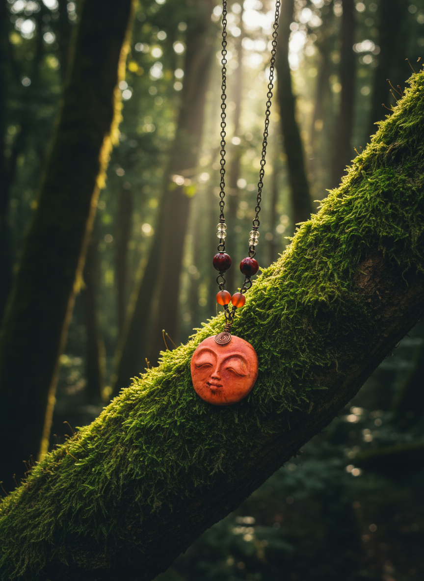 Handmade Moon Face Polymer Clay Copper Necklace, Carnelian, Beaded