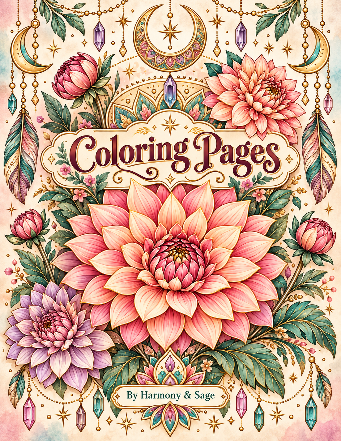 Digital Coloring Pages, Adult Coloring Art, Boho Flowers, Relaxation