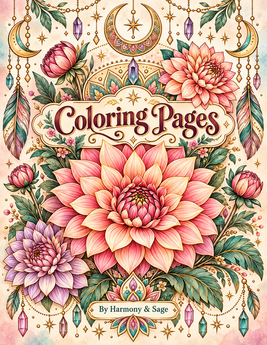 Digital Coloring Pages, Adult Coloring Art, Boho Flowers, Relaxation