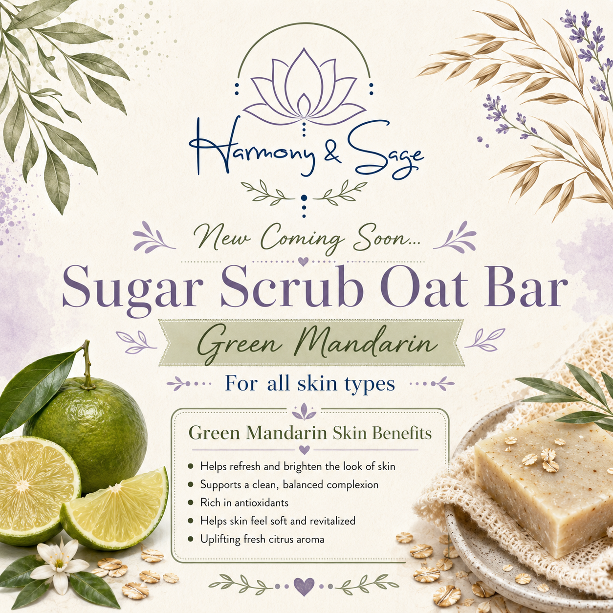 Green Mandarin & Oat Sugar Scrub Bar, Body Scrub Bar, Oatmeal Soap, Exfoliation Bar