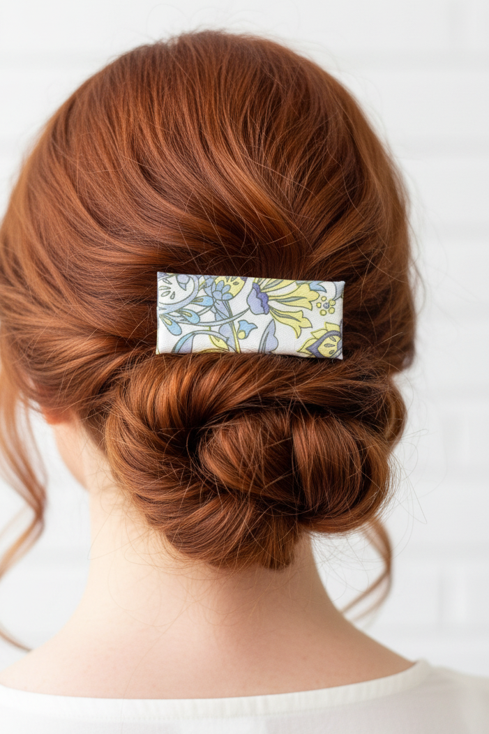 Yellow, Blue & White Floral Boho French Hair Clip, Fabric Clip, 2.50 Inch, Rectangle, Leather Lined Barrette - Harmonyandsage