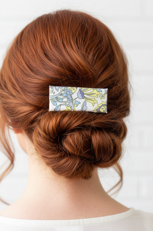 Yellow, Blue & White Floral Boho French Hair Clip, Fabric Clip, 2.50 Inch, Rectangle, Leather Lined Barrette - Harmonyandsage