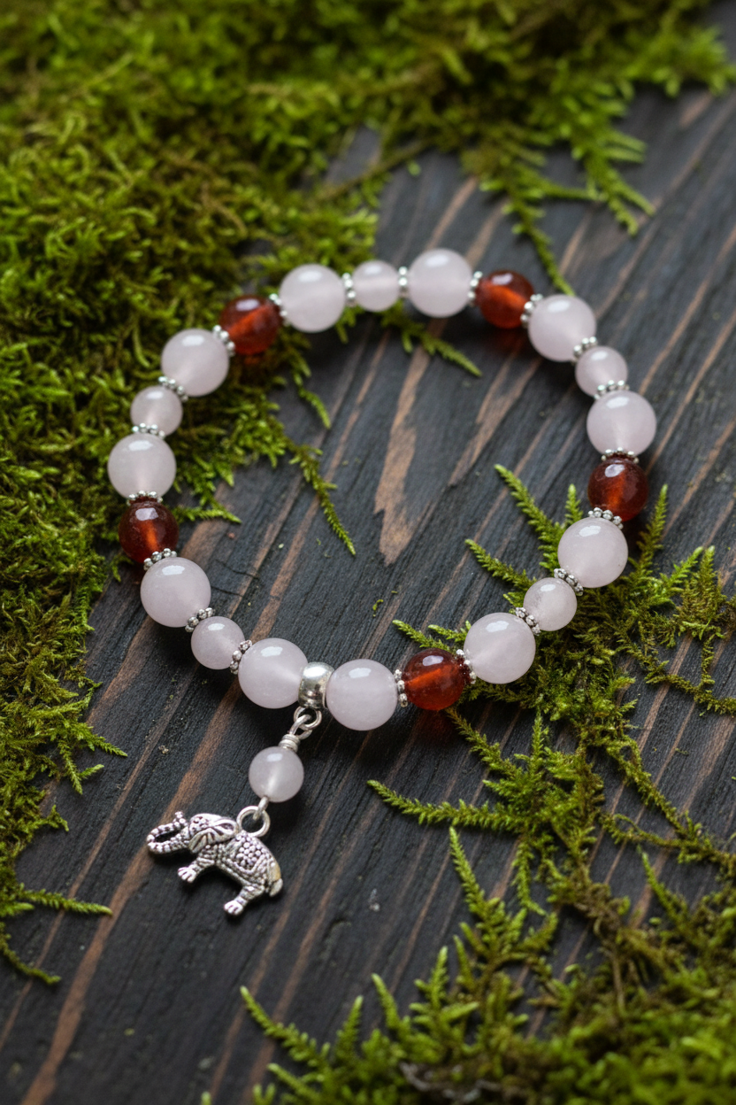 Rose Quartz & Carnelian Gemstone Bracelet, Elephant Stretch Bracelet,  Anxiety Bracelet