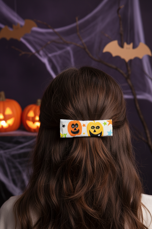 Halloween Pumpkin Hair Clip, Fabric Clip, 3.25 Inch, Rectangle, Leather Lined Barrette,  French Style
