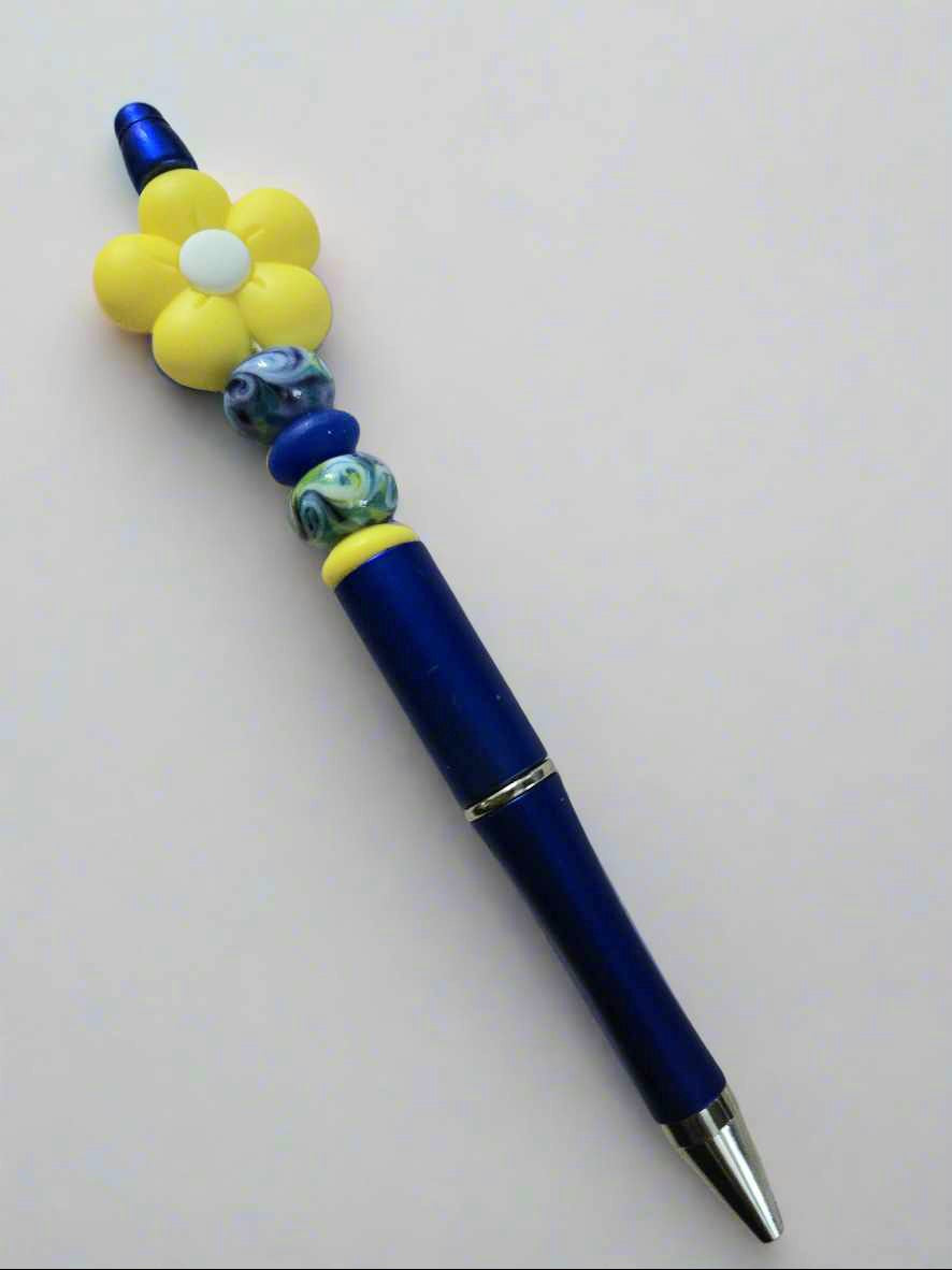 Navy Blue and Yellow Flower Lampwork Pen