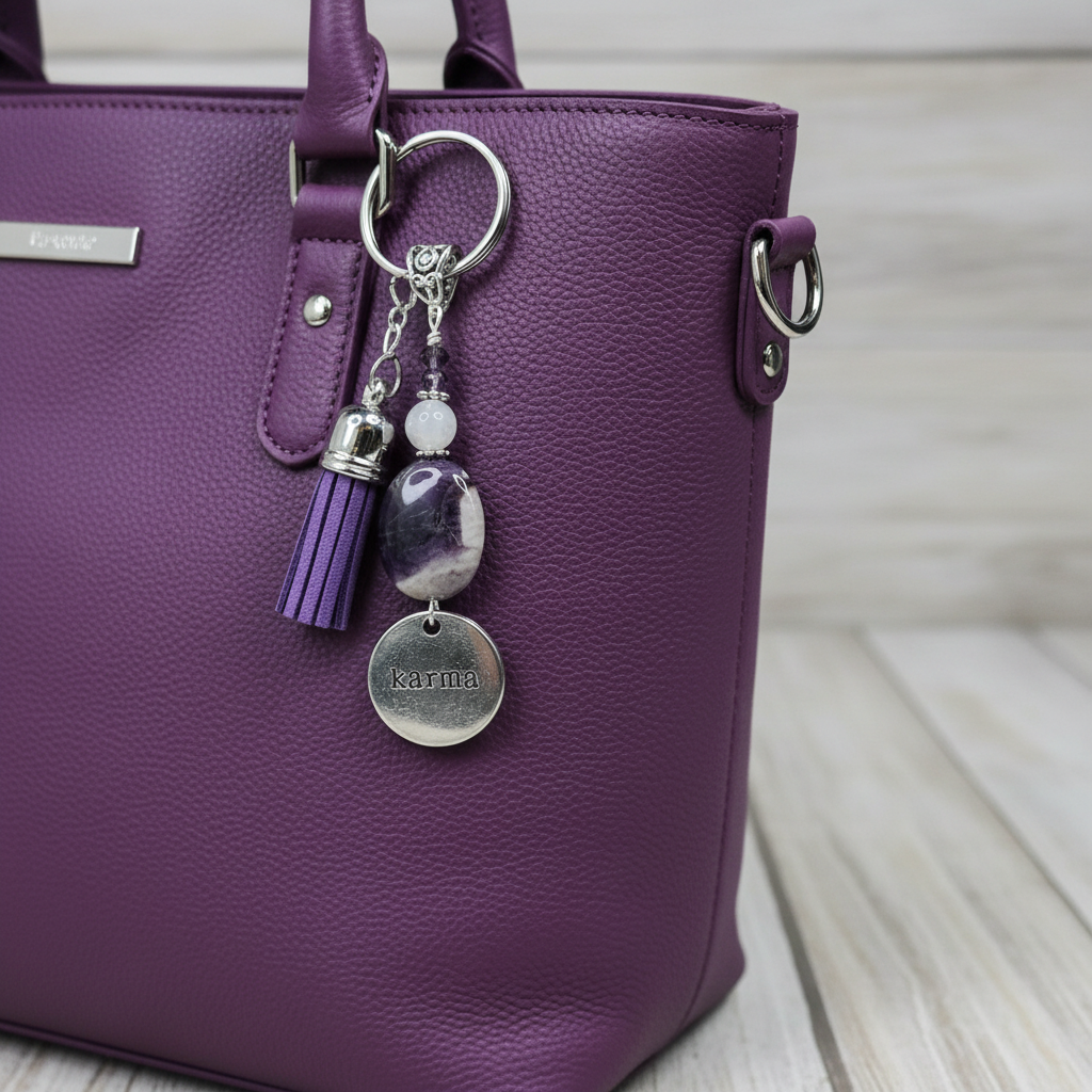 Keychain, Purse Charm, Gemstone Beaded Chain, Zipper Pull, Karma Amethyst, Moonstone, Purple Tassel