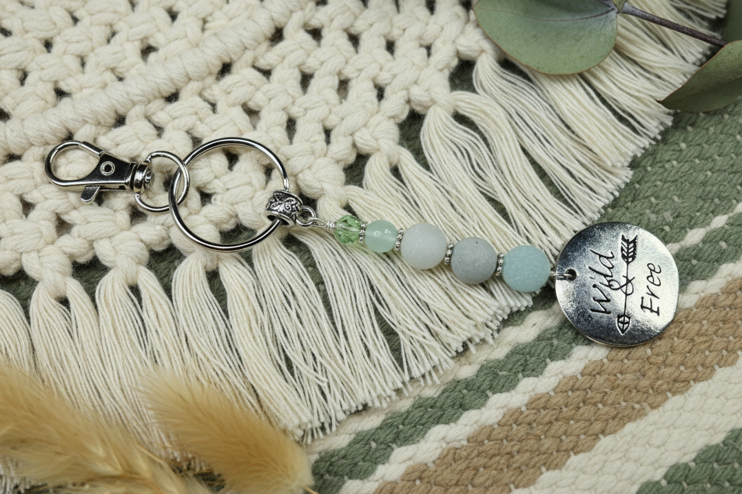 Keychain, Purse Charm, Gemstone Beaded Chain, Zipper Pull, Amazonite Wild And Free
