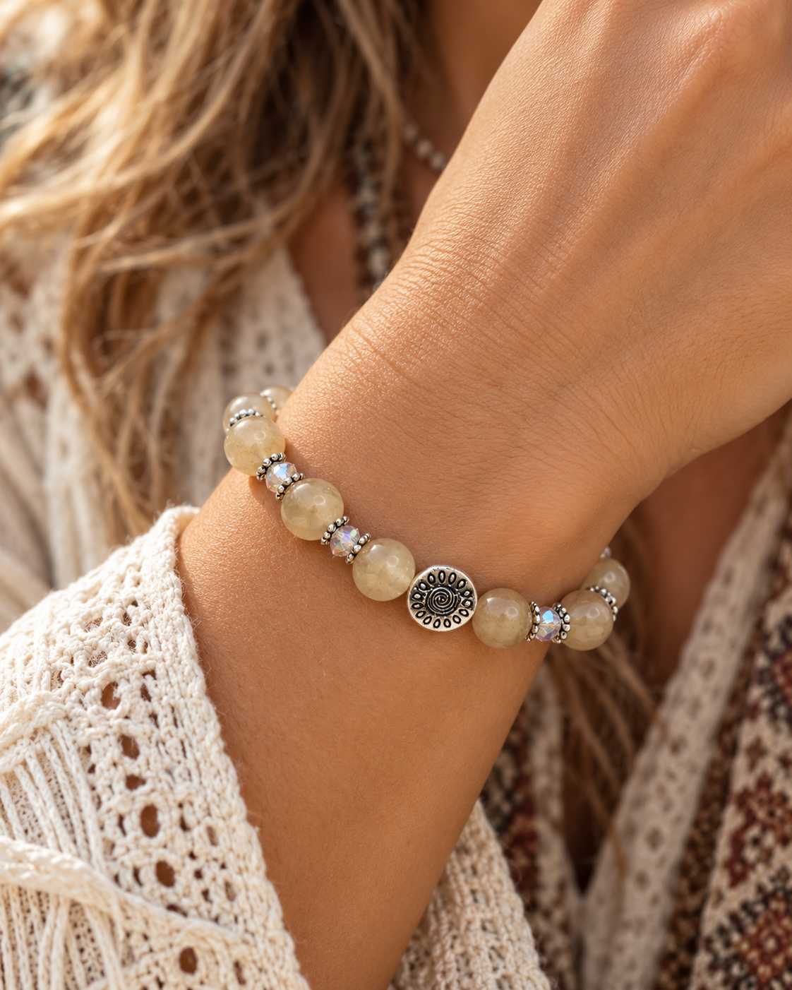 Quartz & Czech Beaded Bracelet,  Healing, Balance,  Small