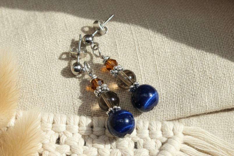 Dark Blue Tigers Eye Earrings,  Smoky Quartz Steel, Hypoallergenic, Sensitive Skin, Gemstone Ball Post