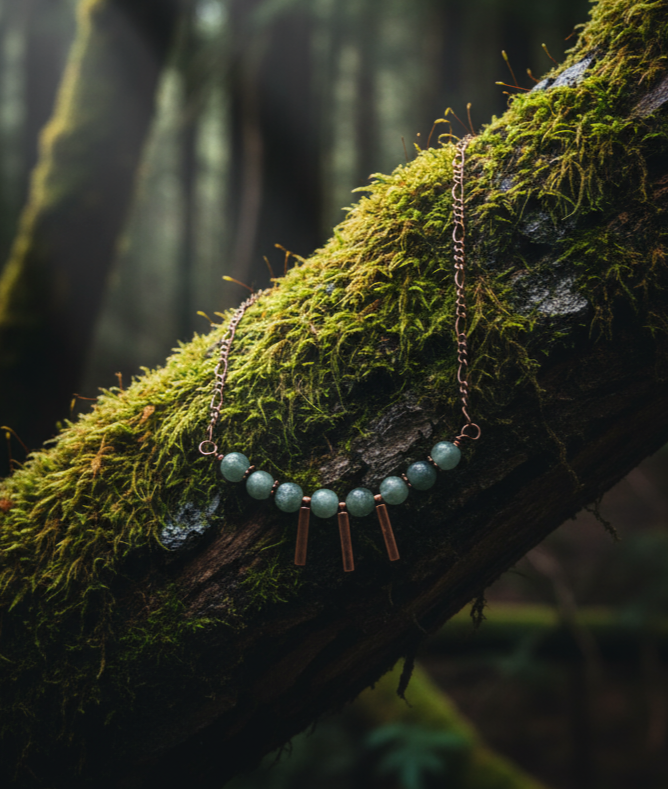 Burma Jade Bar Necklace, Copper Figaro Chain, Magnetic Clasp