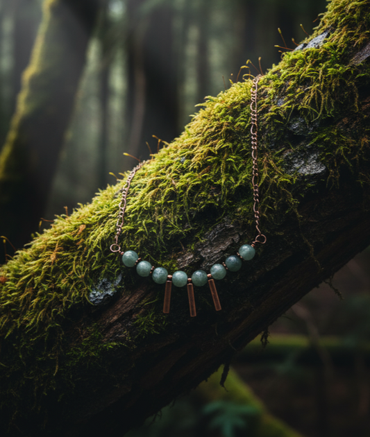 Burma Jade Bar Necklace, Copper Figaro Chain, Magnetic Clasp