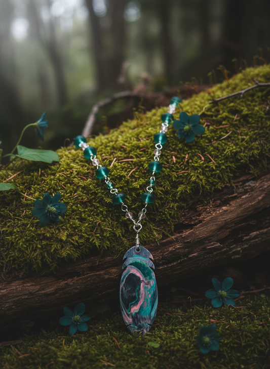 Sterling Silver Handpainted Feather Necklace, Healing Jewelry, Wood, Seaglass, Czech Beaded