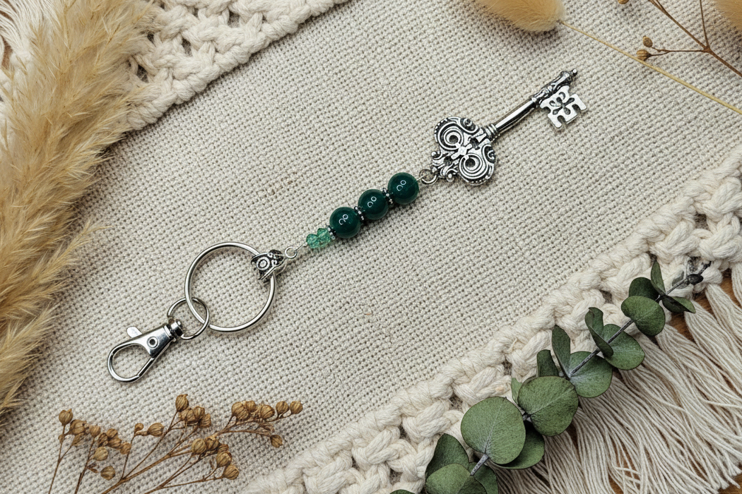 Keychain, Purse Charm, Gemstone Beaded Chain, Zipper Pull, Teal Jade Key