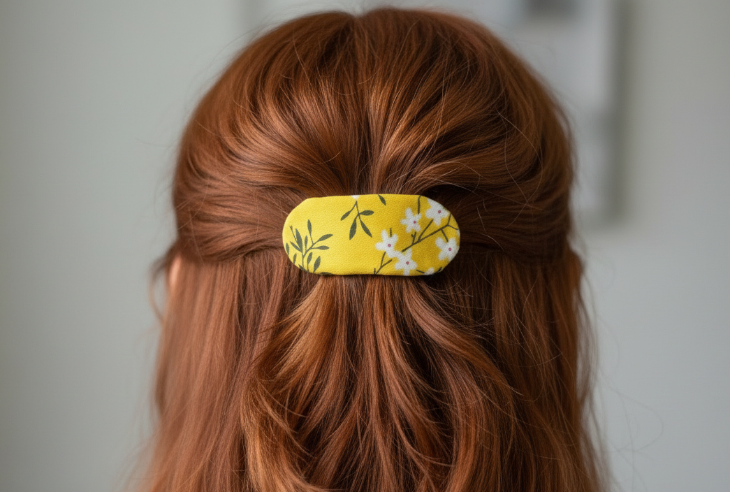 Flower Blossom French Hair Clip, Fabric Hair Clip, 2.5 Inch, Oval Clip, Yellow, Green Leaves