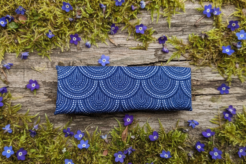 Blue Scallops Boho French Hair Clip, Fabric Clip, 3.25 Inch, Rectangle, Leather Lined Barrette - Harmonyandsage