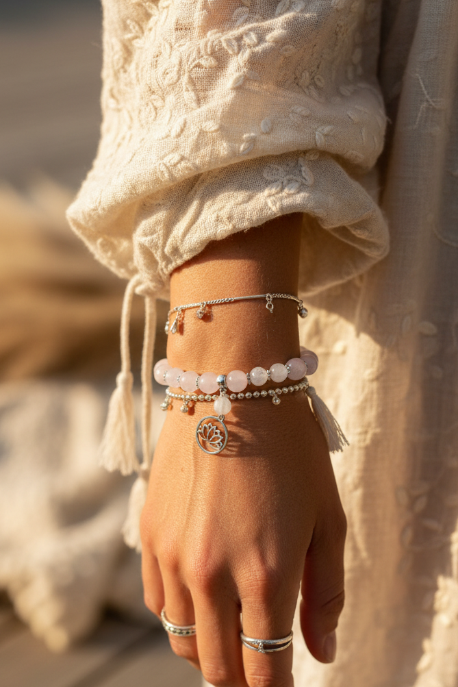 Rose Quartz & Blue Flash Moonstone Gemstone Bracelet, Pink & White Stretch Bracelet, Lotus Bracelet, Anxiety Bracelet