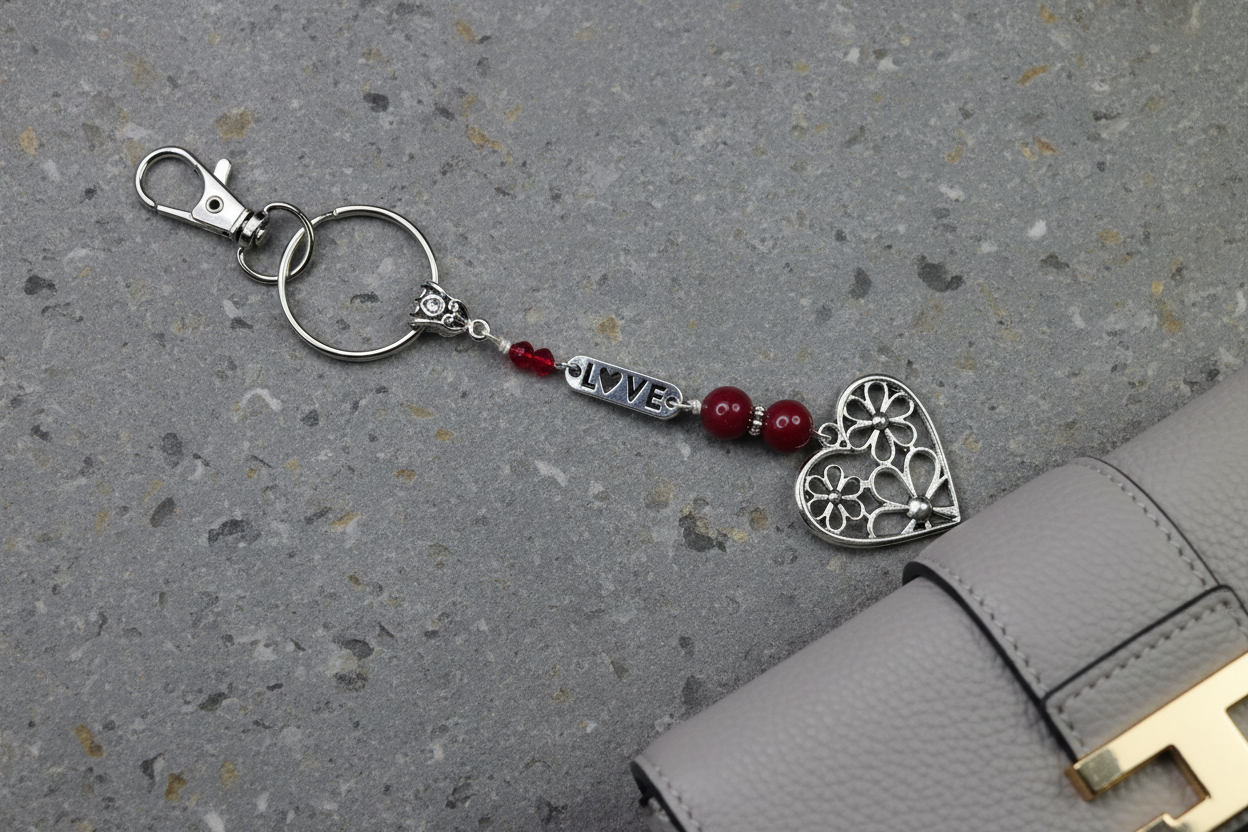 Key Chain, Purse Charm, Gemstone Beaded Chain, Zipper Pull,  Heart, Red Jade