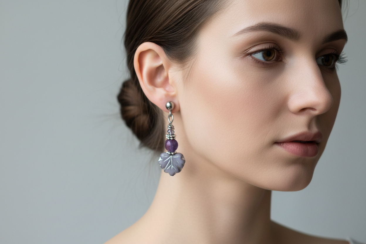 Purple Agate Earrings,  Steel, Hypoallergenic, Sensitive Skin, Gemstone Ball Post, Czech Leaf, Lavender Purple