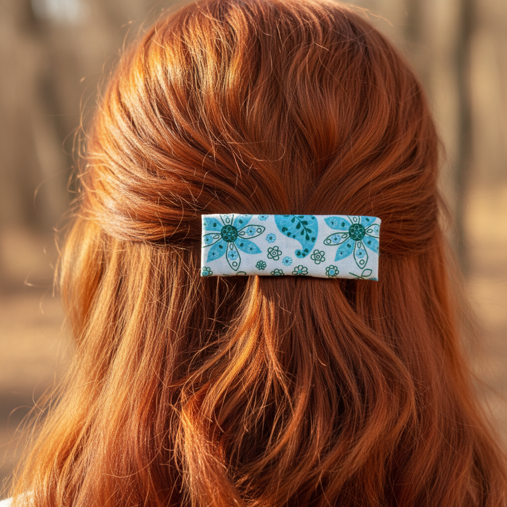 Vintage Blue Paisley Hair Clip, Leather Lined, Blue Floral, 3.25" Barrette