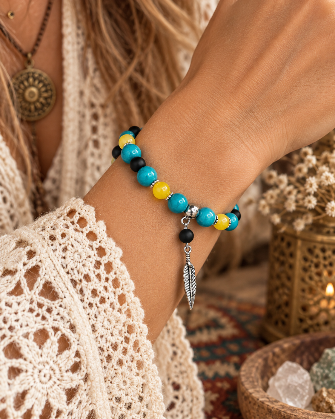 Jade & Onyx Gemstone Bracelet, Feather Stretch Bracelet, Calming