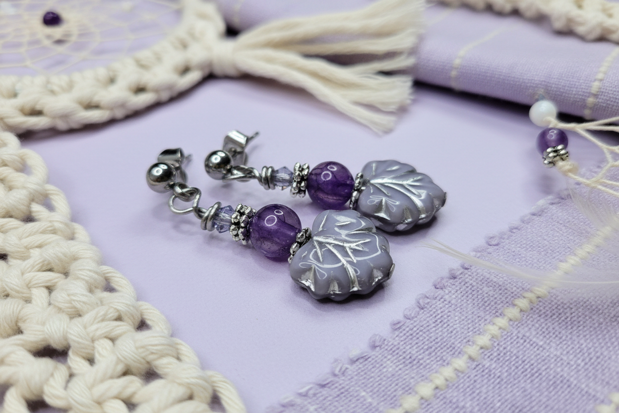 Purple Agate Earrings,  Steel, Hypoallergenic, Sensitive Skin, Gemstone Ball Post, Czech Leaf, Lavender Purple