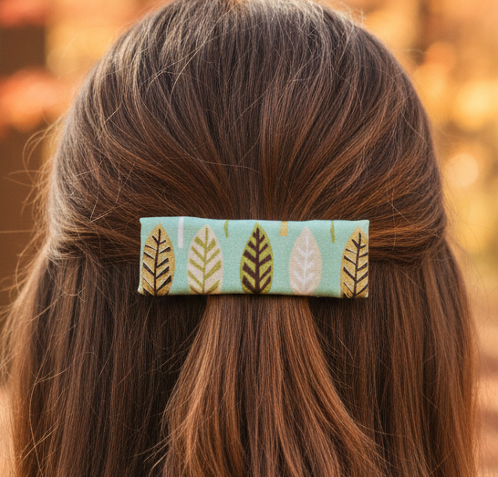Metallic Leaves Fabric Leather Lined Hair Clip,  3.25" Barrette