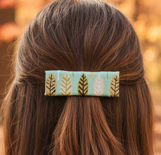 Metallic Leaves Fabric Leather Lined Hair Clip,  3.25" Barrette