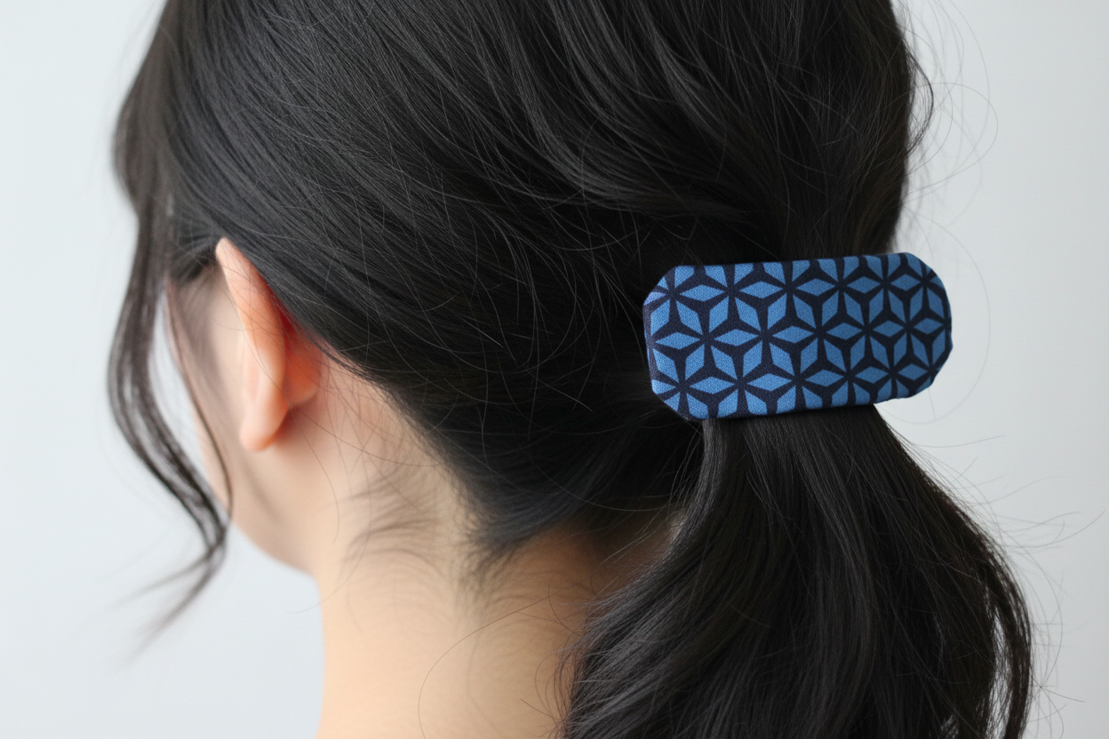 Blue Geometric French Hair Clip, Fabric Clip, 3 Inch, Oval