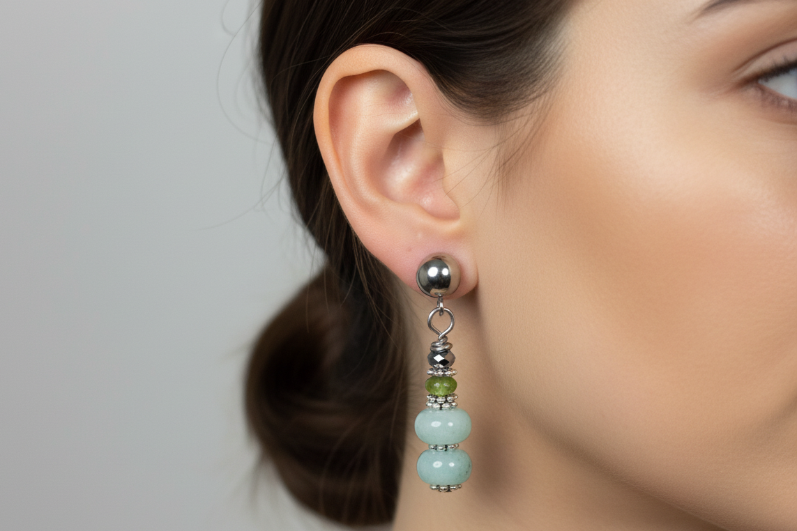 Amazonite & Jade Earrings, Steel, Hypoallergenic, Sensitive Skin, Gemstone Ball Post