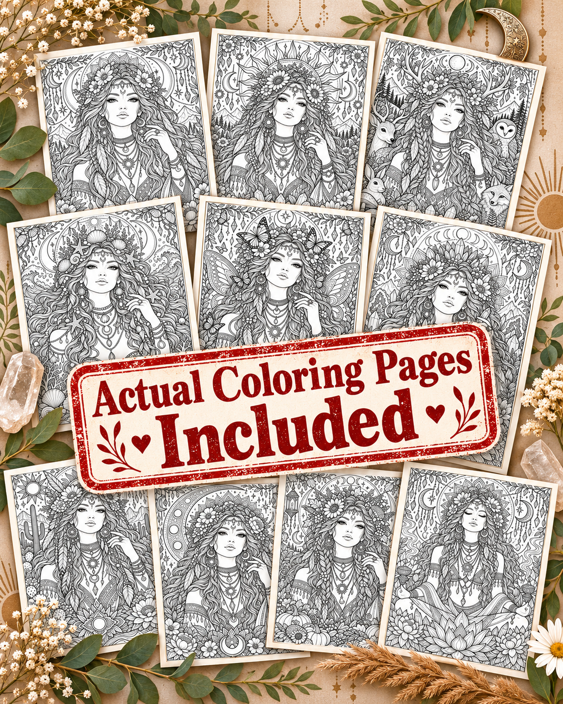 Digital Coloring Pages,  Adult Coloring Art, Boho Goddess, Relaxation