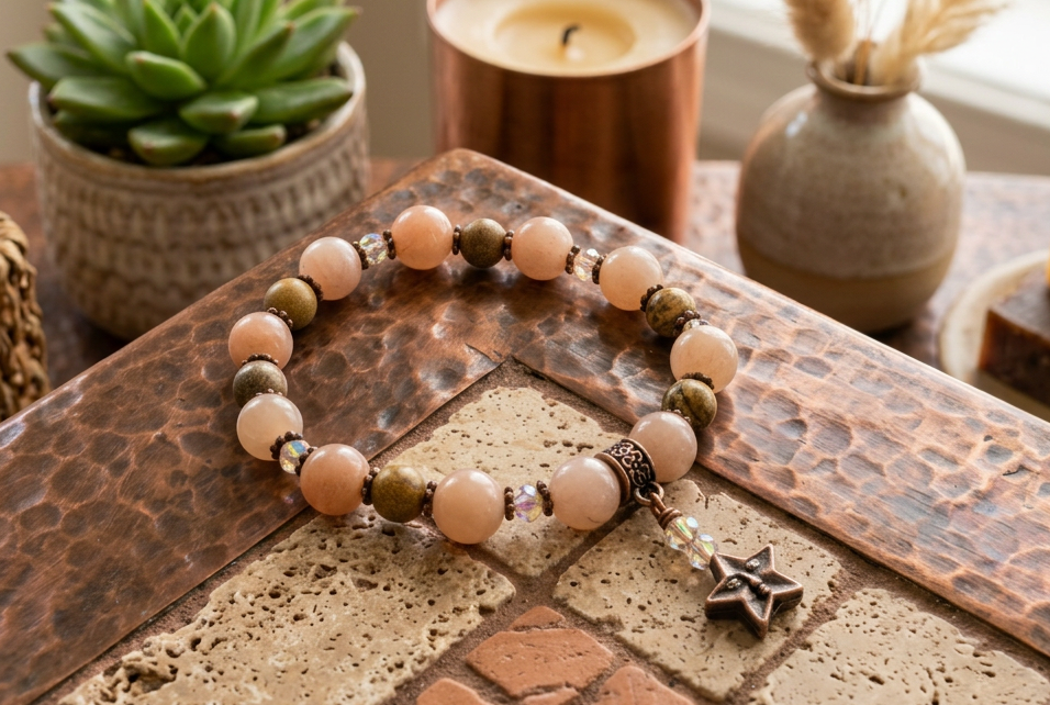 Peach Moonstone Copper Star Bracelet, Fossil Jasper & Czech, Calming, Star Face, 7 Inch