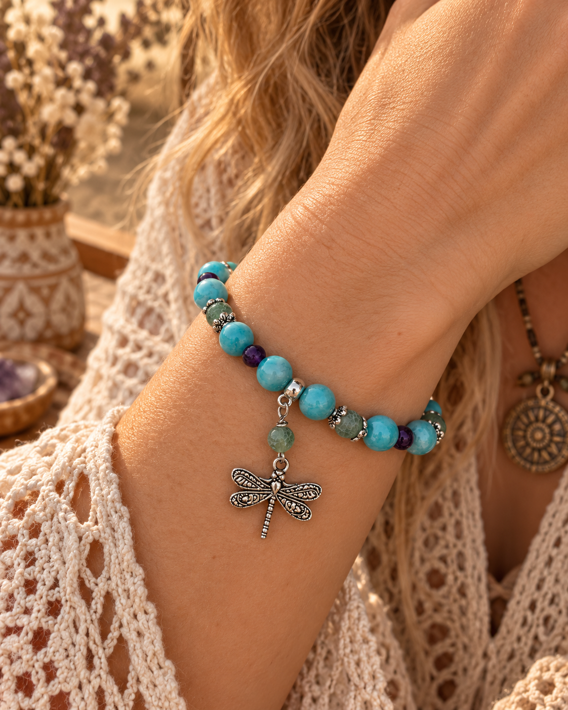 Amazonite, Amethyst & Frosted Green Agate Gemstone Bracelet,  Dragonfly Stretch Bracelet, Calming,  Grounding