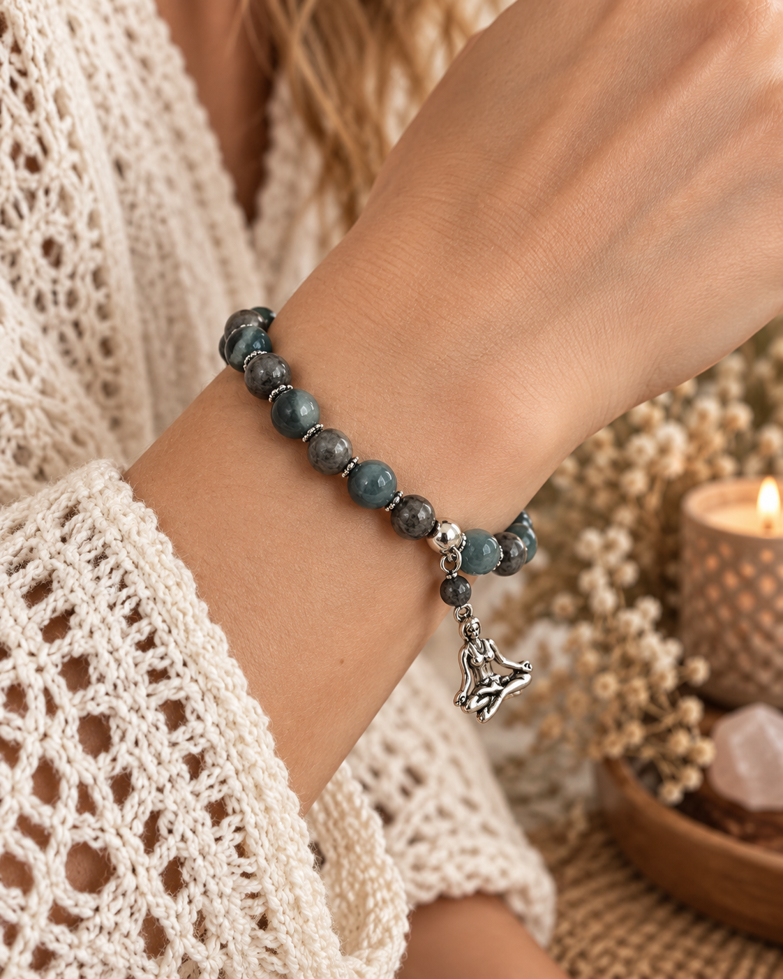 Jade & Fossil Jasper Healing Gemstone Bracelet, Yoga Stretch Bracelet