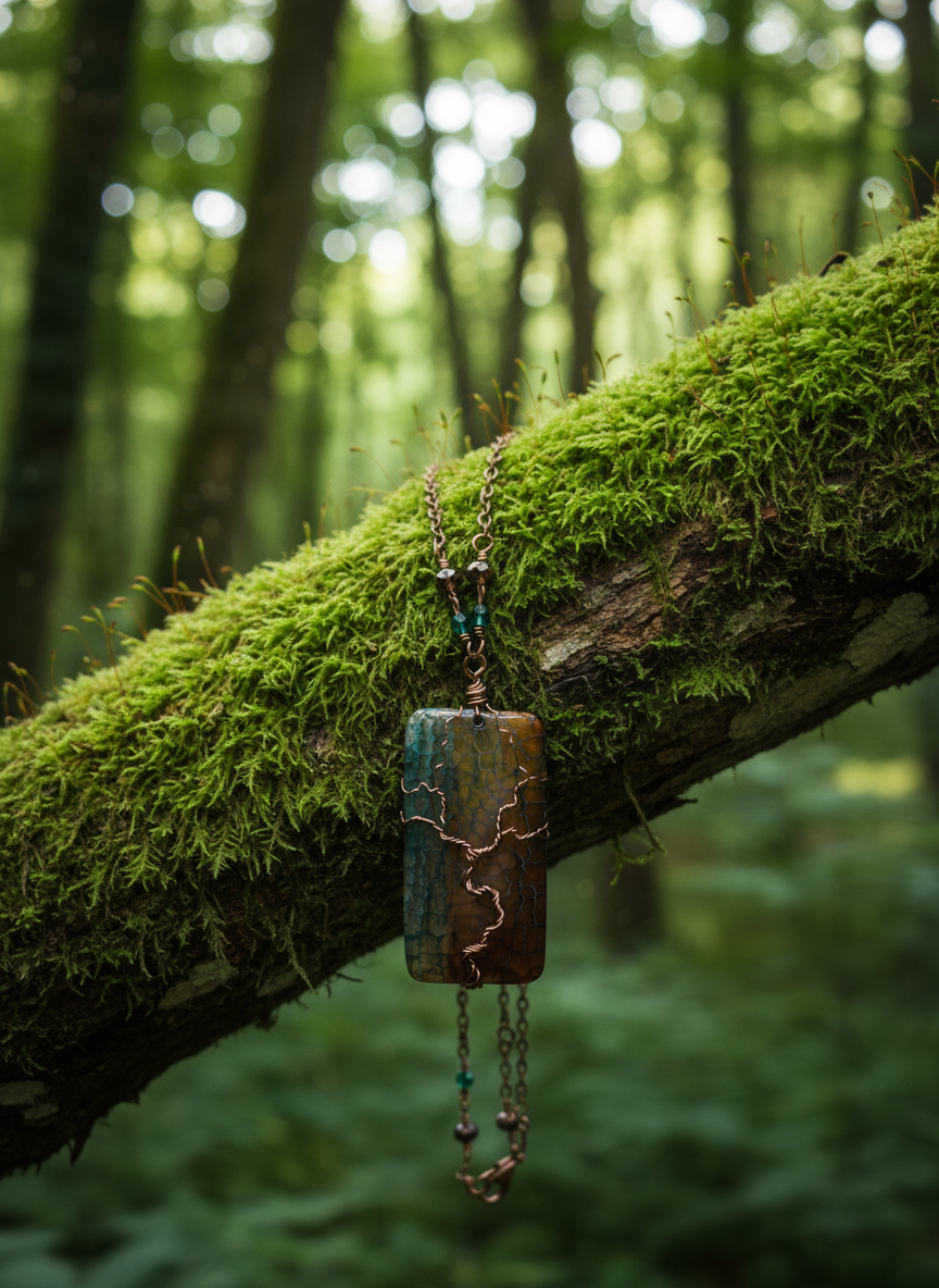 Copper Tree of Life Agate Necklace, Wire Wrapped, Gemstone