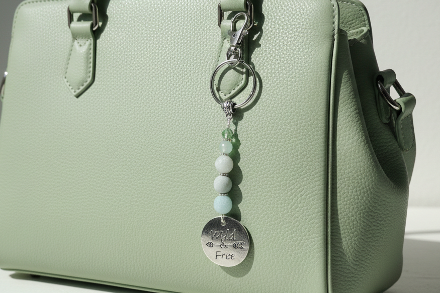 Keychain, Purse Charm, Gemstone Beaded Chain, Zipper Pull, Amazonite Wild And Free