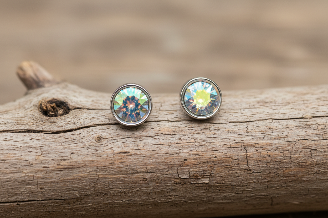Crystal Shimmer Post Steel Earrings, Swarovski, Stud Earrings, Rare, Bezel Set, 6mm