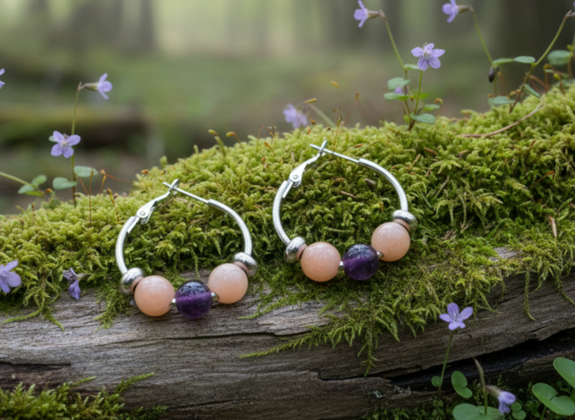 Peach Moonstone & Amethyst Steel Beaded Hoop Earrings