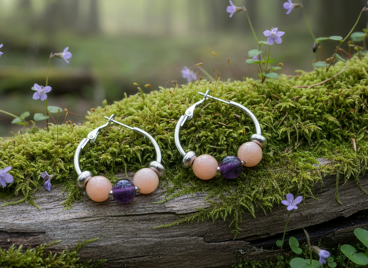 Peach Moonstone & Amethyst Steel Beaded Hoop Earrings