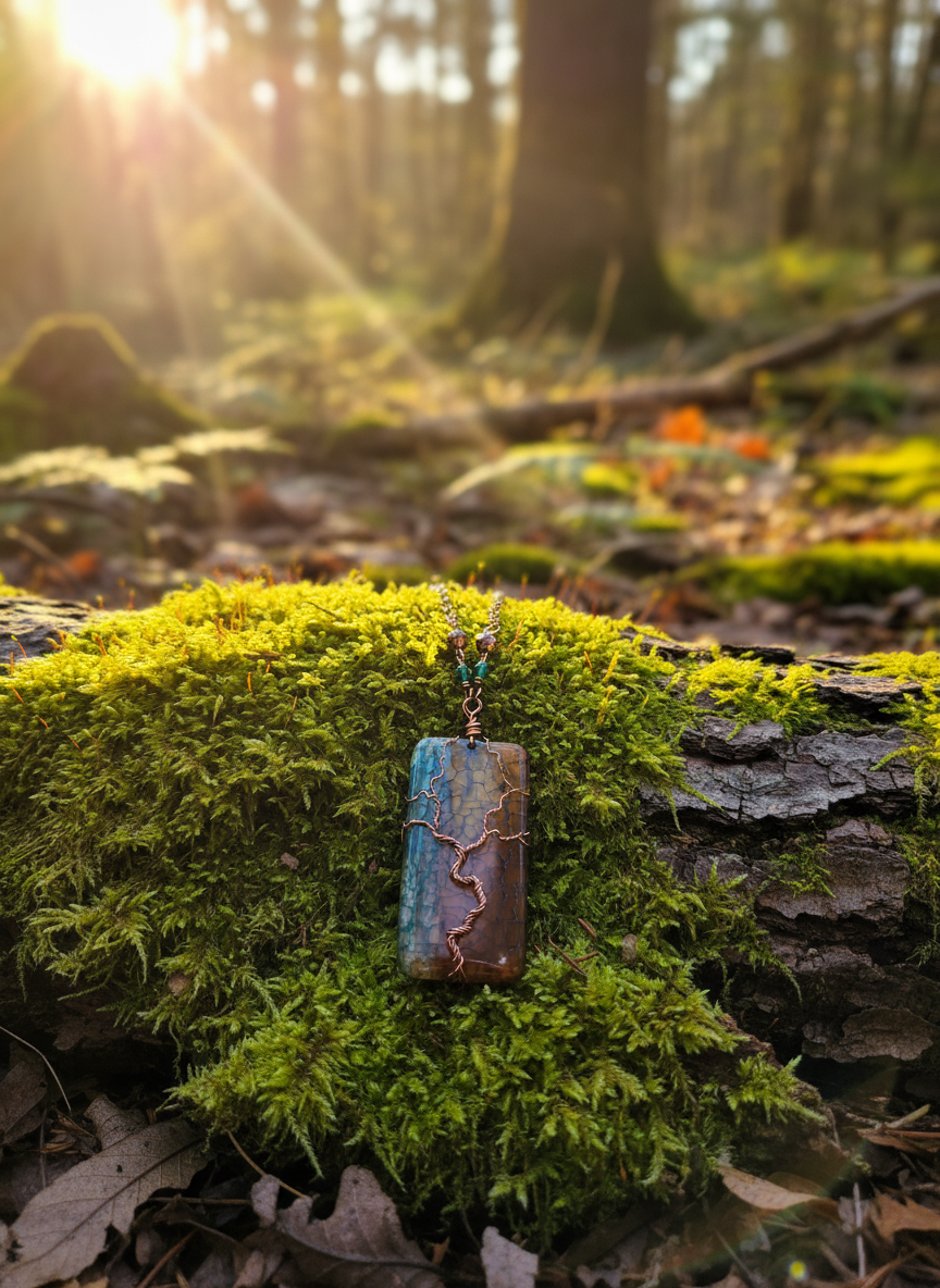 Copper Tree of Life Agate Necklace, Wire Wrapped, Gemstone