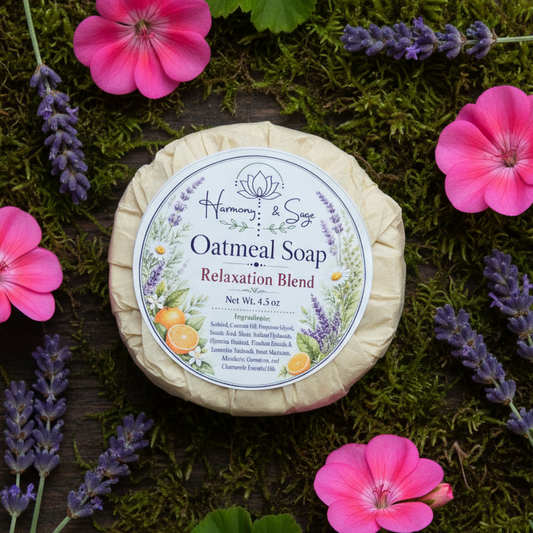 Relaxation Blend Oatmeal Soap (Detergent Free), Oatmeal Soap, Lavender, Patchouli, Sweet Marjoram, Mandarin, Geranium, and Chamomile