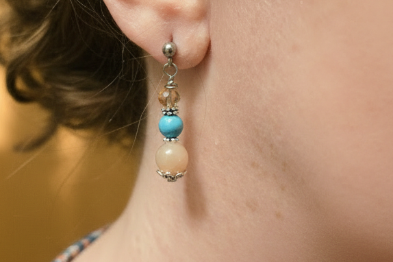 Peach Moonstone & Magnesite Earrings, Steel, Hypoallergenic, Sensitive Skin, Gemstone Ball Post