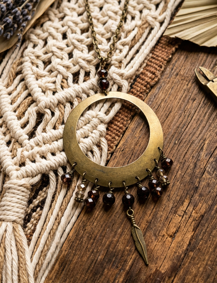 Garnet Bronze Necklace, 17 Inch, Czech Glass, Feather,  Balance