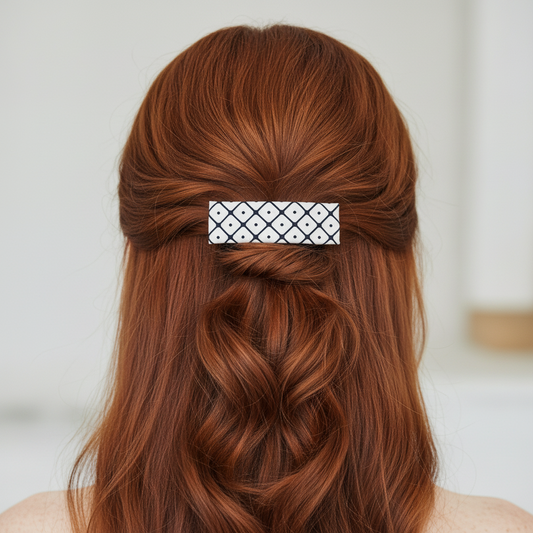 Navy Dots Green French Hair Clip, Fabric Clip, 3.25 Inch, Rectangle, Leather Lined Barrette