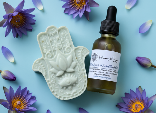 Blue Lotus Infused Body Oil - Limited Edition- Lotus Blossom Set, Egyptian Blue Lotus Oil, Sweet Almond Oil,  Hemp Seed Oil, Vitamin E Oil, Avocado Soap