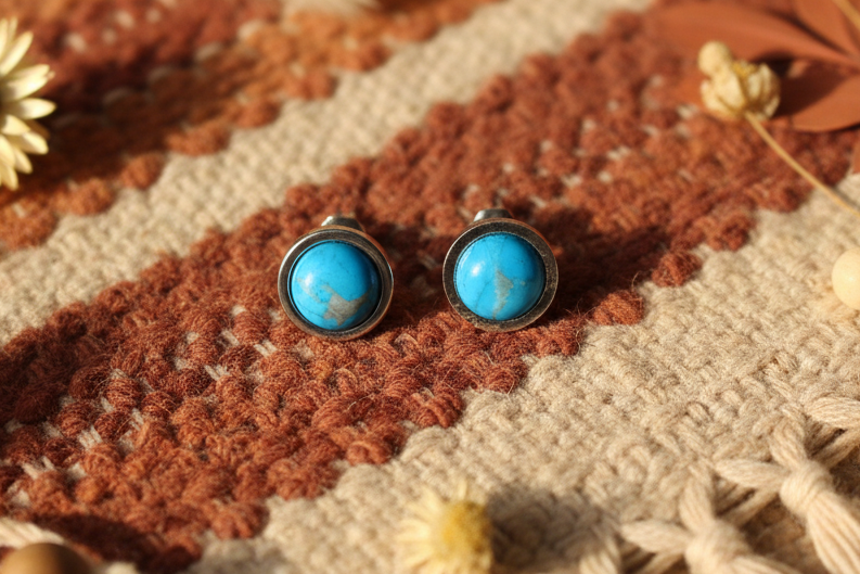 Blue Howlite Post Steel Earrings, Stud Earrings, Turquoise Blue, Rare, Bezel Set, 6mm